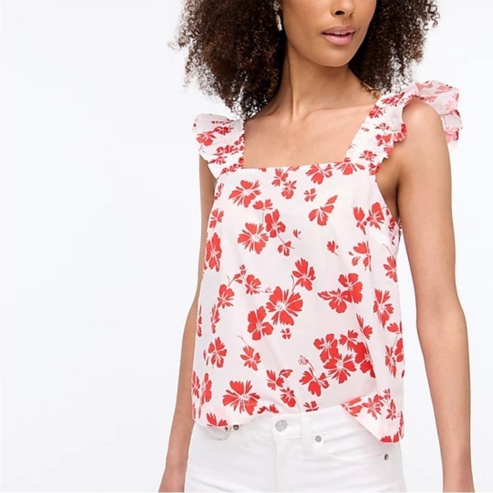 J. Crew Smocked ruffle-shoulder tank top white bright cerise size medium